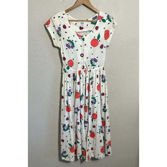 VTG 90s Fruit Print Midi Dress Womens S White Knit Cotton Blend Fit Flare - Picture 2 of 11
